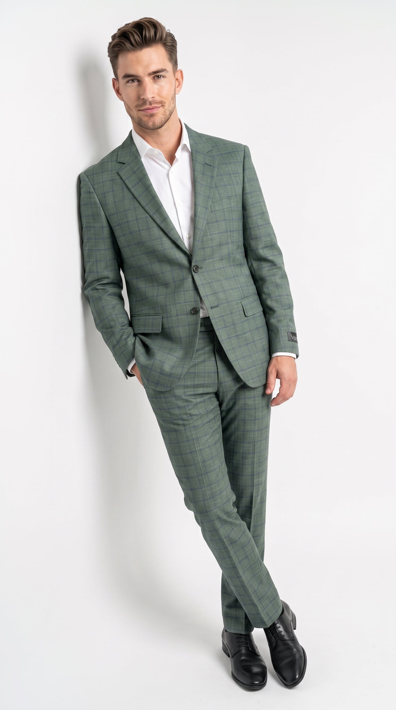 Men’s Tartan olive Green with blue checker Windowpane 2-Piece Suit – Modern Fit Plaid, Business and Formal Suit english styl - 34 Short or Extra Small