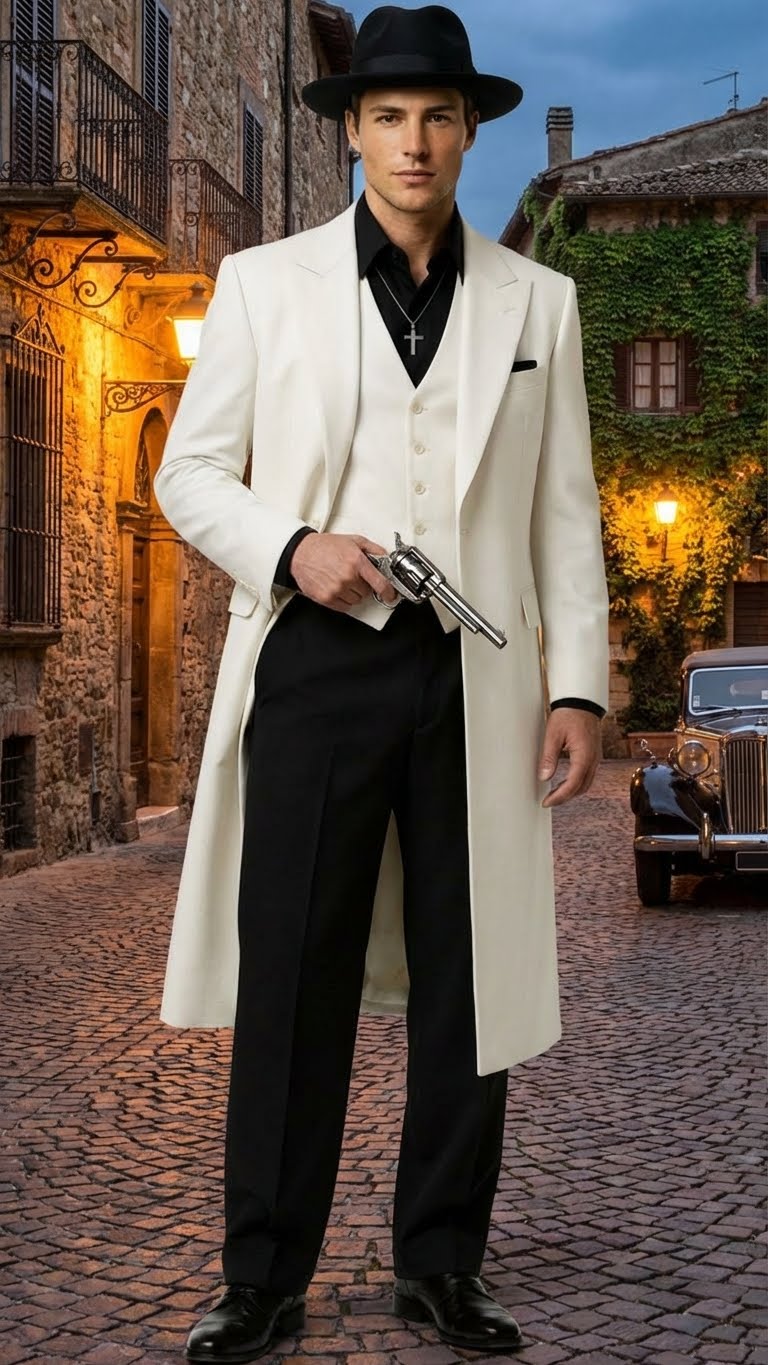 Mens White Long Zoot Suit Costume Set with Black Pants Wedding, Prom and Party Outfit 1920s - 1930s Gangster Style - Large 16.5" Neck / 36" Sleeve