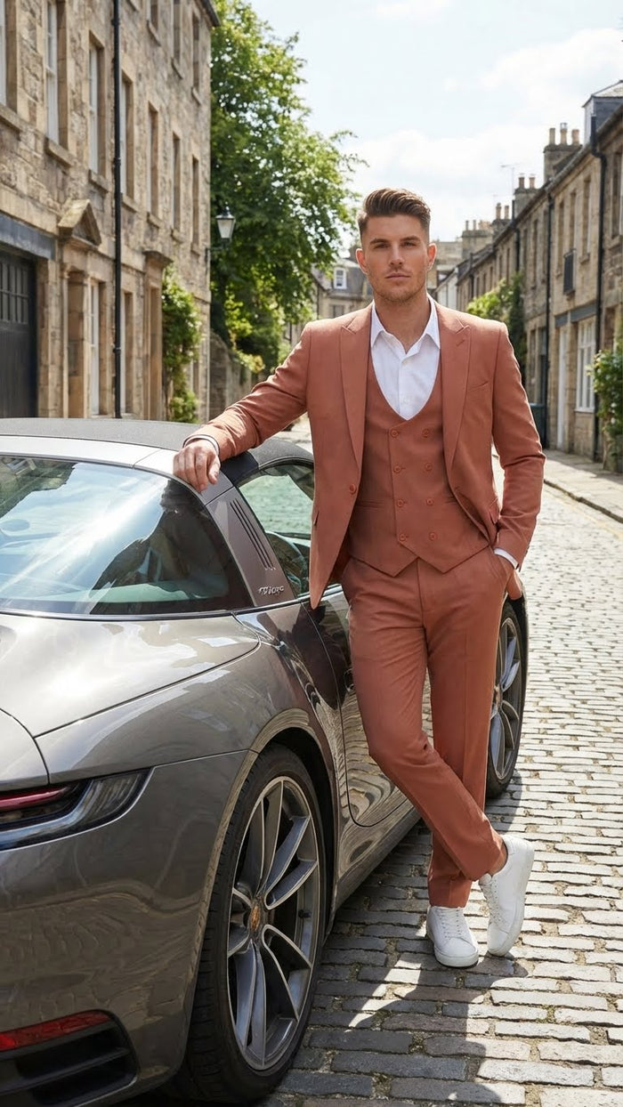 Mens Light Rust - Peach Color - Salmon Color  3 Piece Suit Set with Vest, Classic Formal Wedding Prom Business Dress Suit