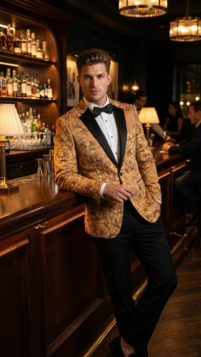 Mens Yellow Gold Baroque Pattern Tuxedo Blazer Suit Party and Wedding Jacket Prom Paisley Black Pants
