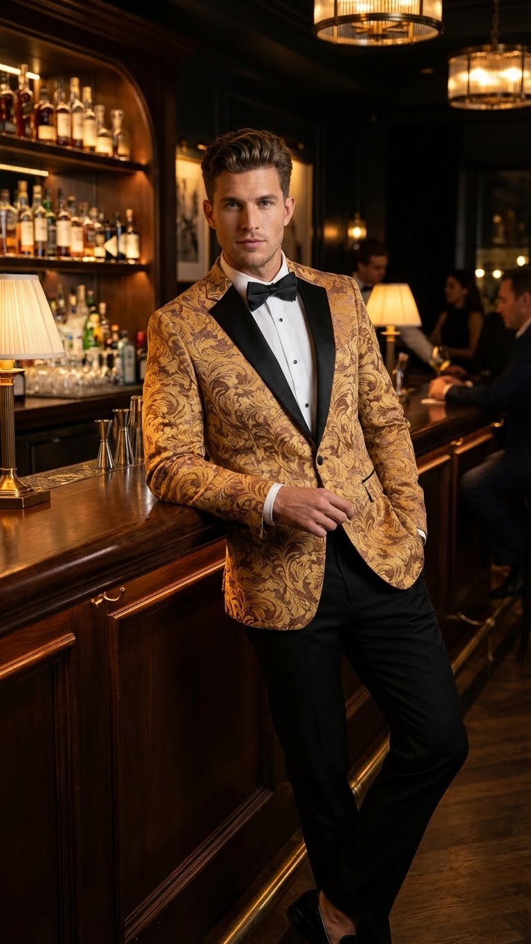 Men’s Yellow Gold Baroque Pattern Tuxedo Blazer Suit – Party and Wedding Jacket Prom Paisley Black Pants - 36 Short