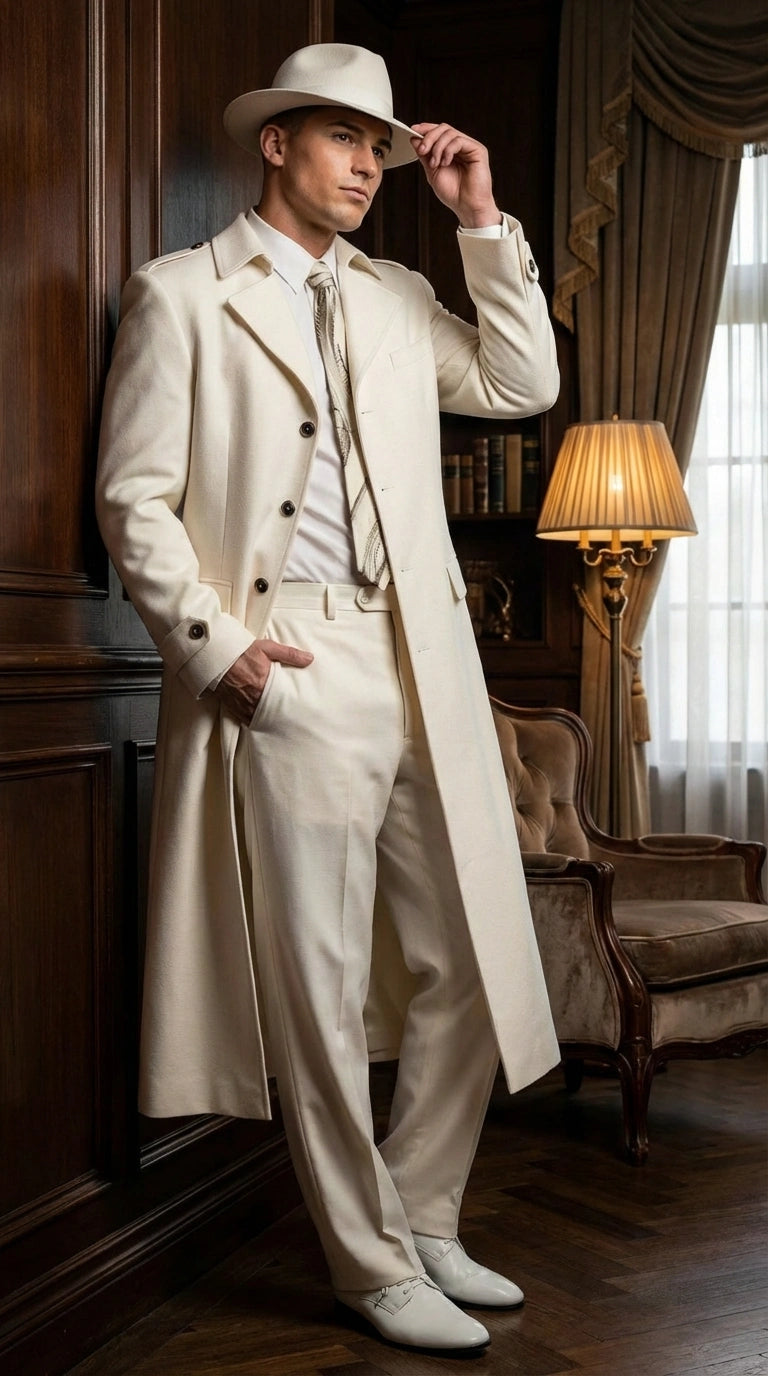 Men’s Ivory Cream Off White  Full Length Zoot Suit – Vintage Gangster Style Long Coat Formal Suit - Coat Size 38