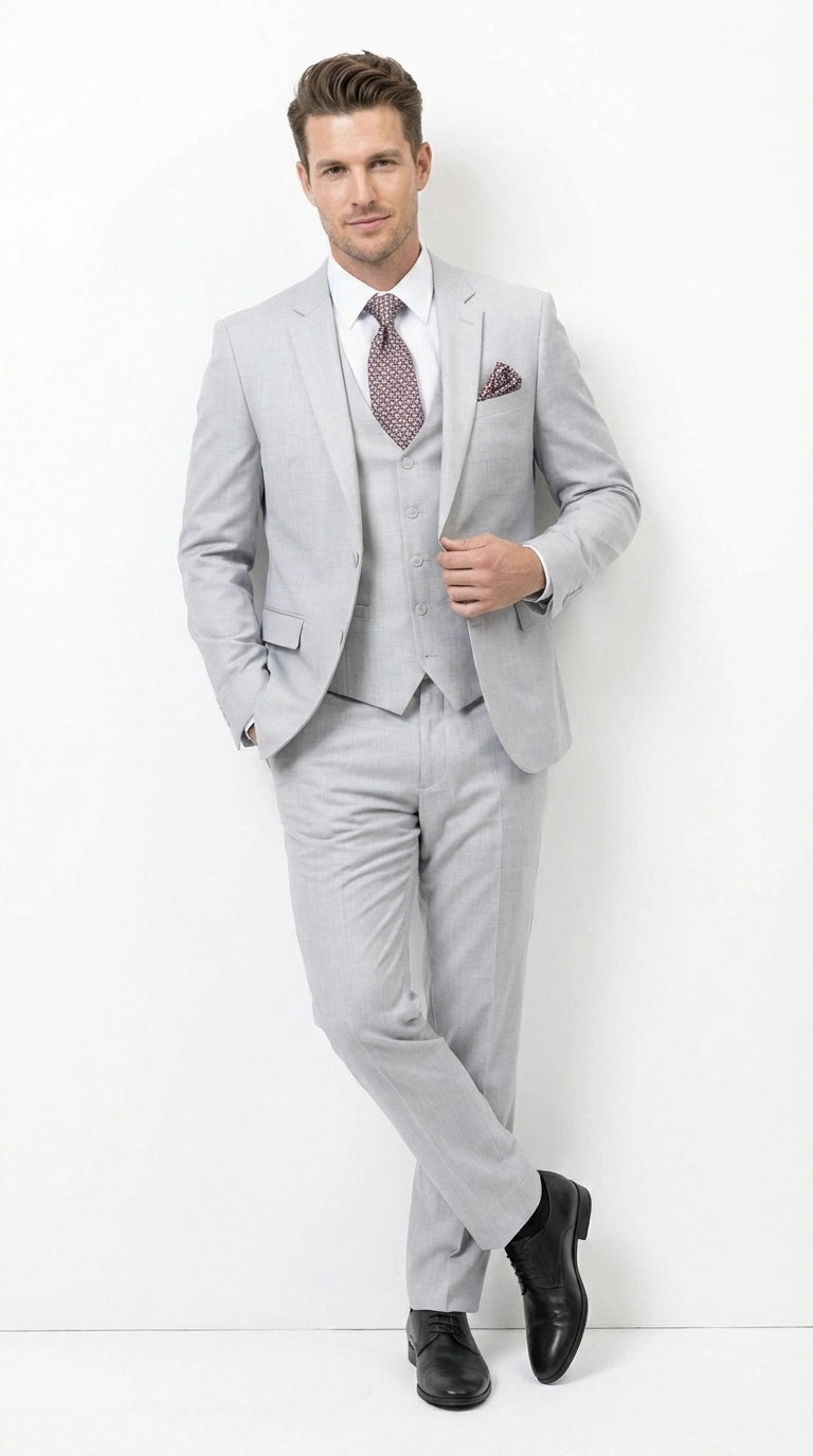 Men’s Light Grey Sharkskin 3 Piece Suit – Two Button Vested Modern Formal Business Suit for Wedding in silver Ice Gray - 34 Short or Extra Small