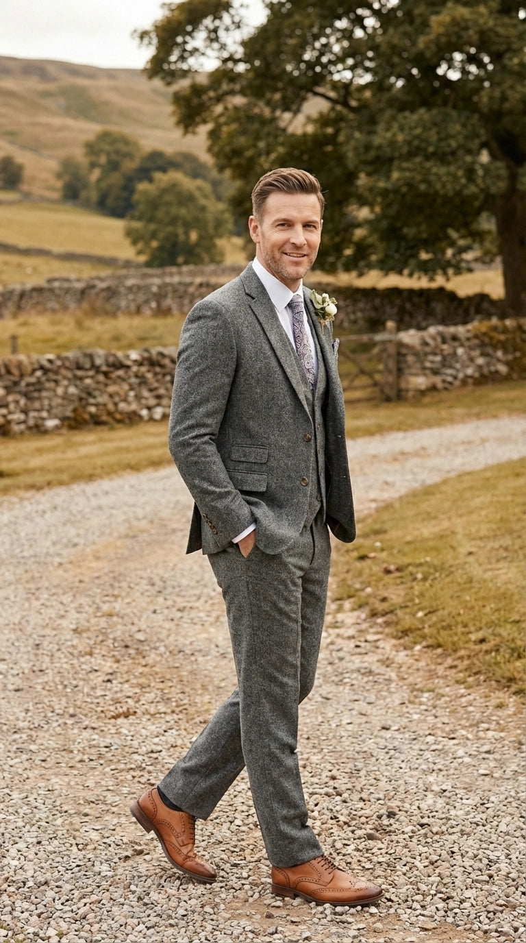 Men’s Peaky Blinder Light Grey Tweed Suit with Vest – Classic Three Piece Formal Suit, Vintage Wedding Business Outfit - 34 Short or Extra Small