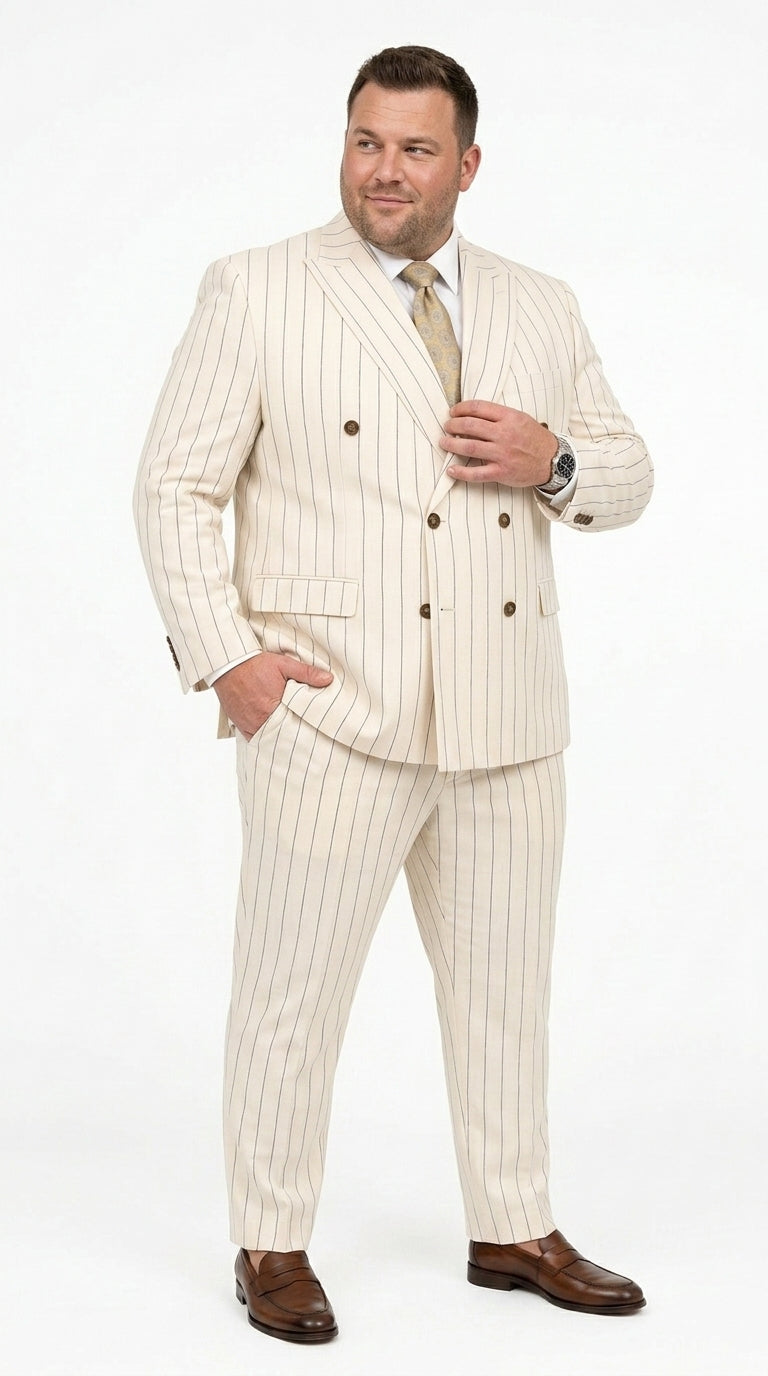 Men’s Cream Off White Pinstripe Linen Pinstripe 2 Piece Double Breasted Suit, Summer Wedding Ivory Color By Vitali - 34 Short or Extra Small