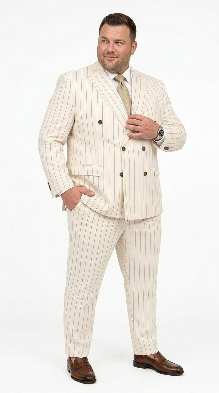 Men’s Cream Off White Pinstripe Linen Pinstripe 2 Piece Double Breasted Suit, Summer Wedding Ivory Color By Vitali