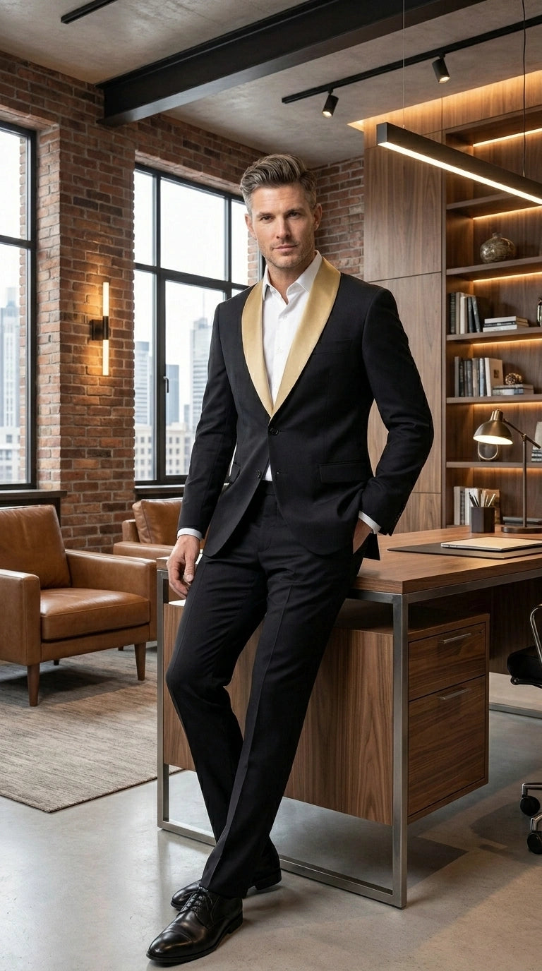 Men’s Black Suit with Gold Lapel – Luxury Formal Tuxedo Style Suit for Wedding, Prom, Party and Evening Wear - 34 Short or Extra Small