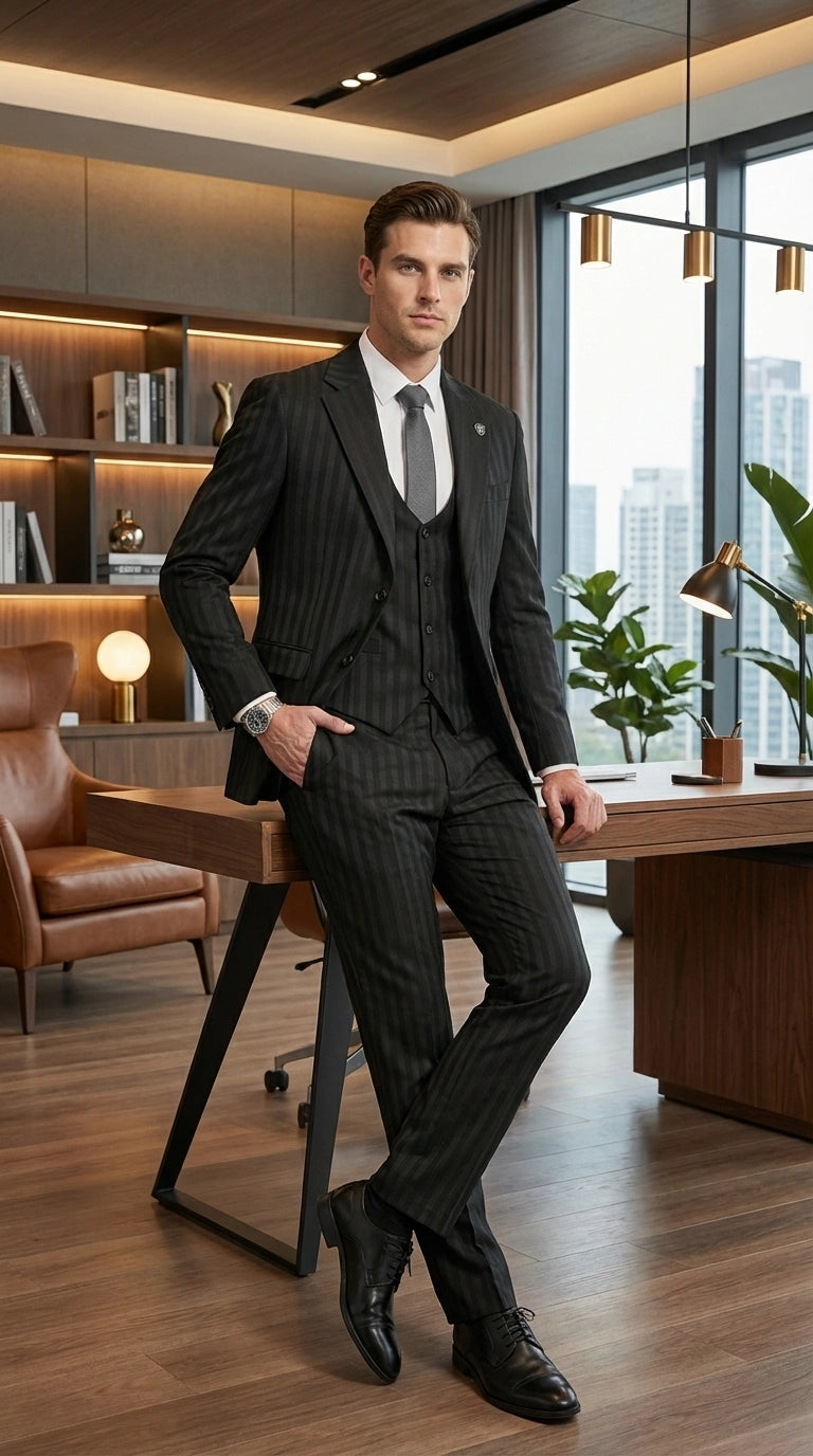 Men’s Black Pinstripe 3 Piece Suit – Vested Formal Business Suit for Wedding, Office, Prom and Party Wear - 34 Short or Extra Small