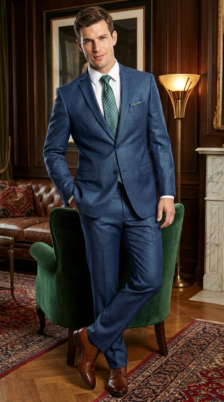 Men’s Indigo Blue Sharkskin Suit – Textured Shiny Formal Suit for Wedding, Business, 2 Buttons Slim Fitted - 34 Short or Extra Small