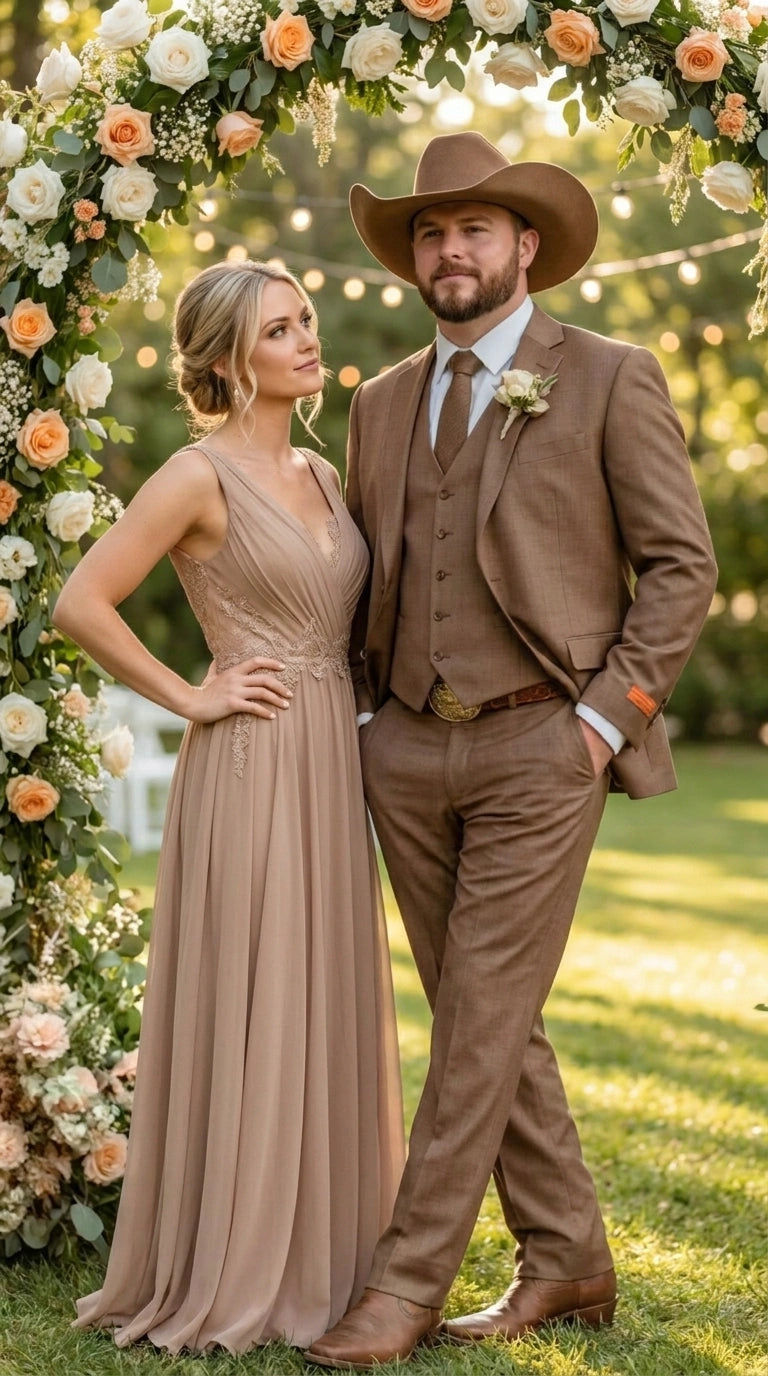 Men’s Light Brown Western 3 Piece Suit – Classic Country Style Blazer Vest Pants Set, Formal Cowboy Suit Toast - 34 Short or Extra Small