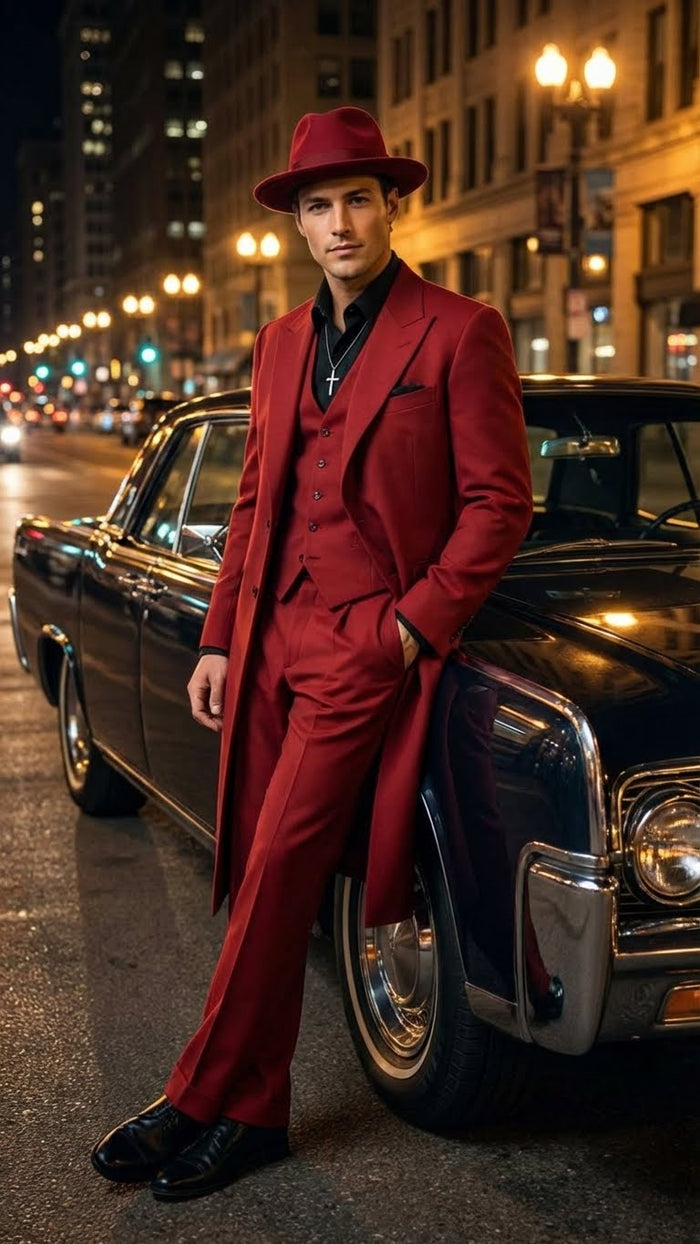Mens 1920s Burgundy Zoot Suit Long Mafia Gangster Three-Piece Vintage Outfit Zuit Pachuco Style