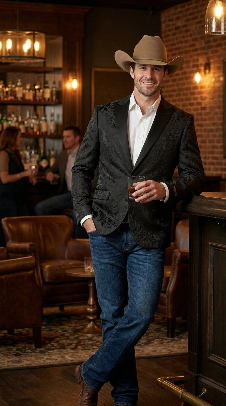 Men’s Black Paisley Western Cowboy Blazer – Classic Western Style Formal Jacket, Elegant Country Blazer Coat - saco para vaquero - 36 Short