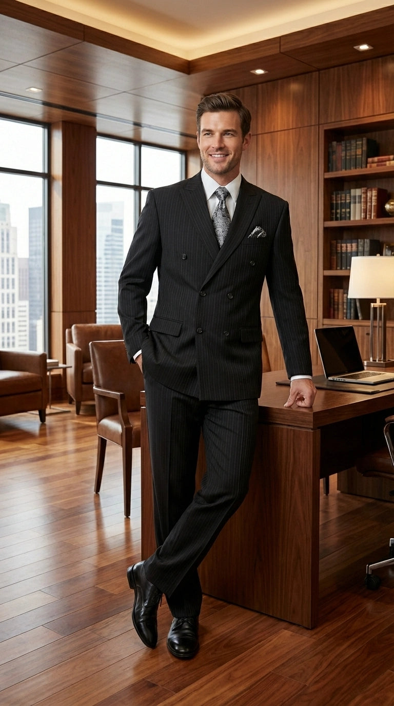 Men’s Black Pinstripe Double Breasted Suit – Peak Lapel Classic Fit Formal Business Conservative settle stripe - 34 Short or Extra Small