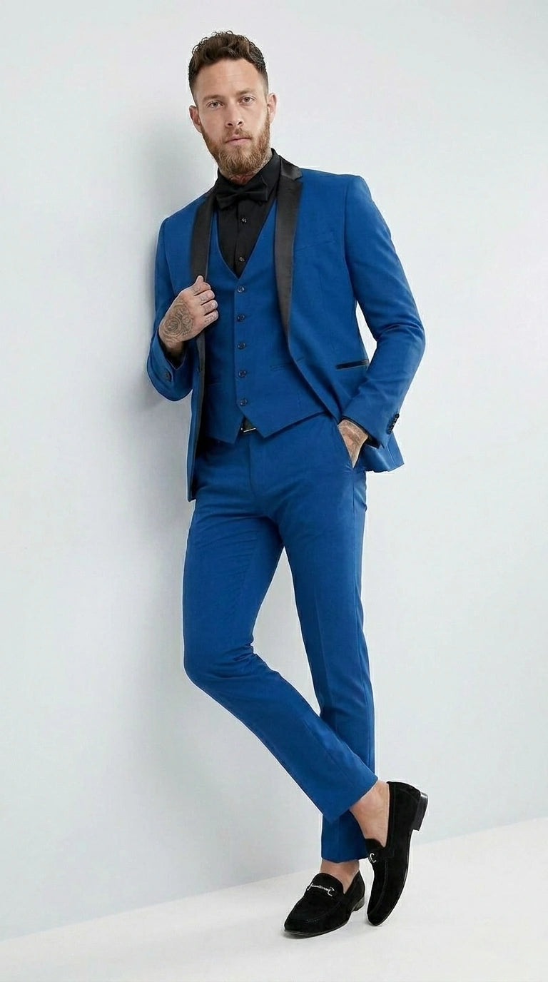 Men’s Royal Blue 3 Piece Suit with Black Lapel – Modern Formal Suit for Wedding, Prom and Party Wear - 34 Short or Extra Small