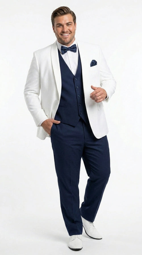 Men’s White and Navy blue tuxedo  3 Piece Suit – Classic White Blazer with Navy Vest and Pants for Wedding, Party + Bowtie