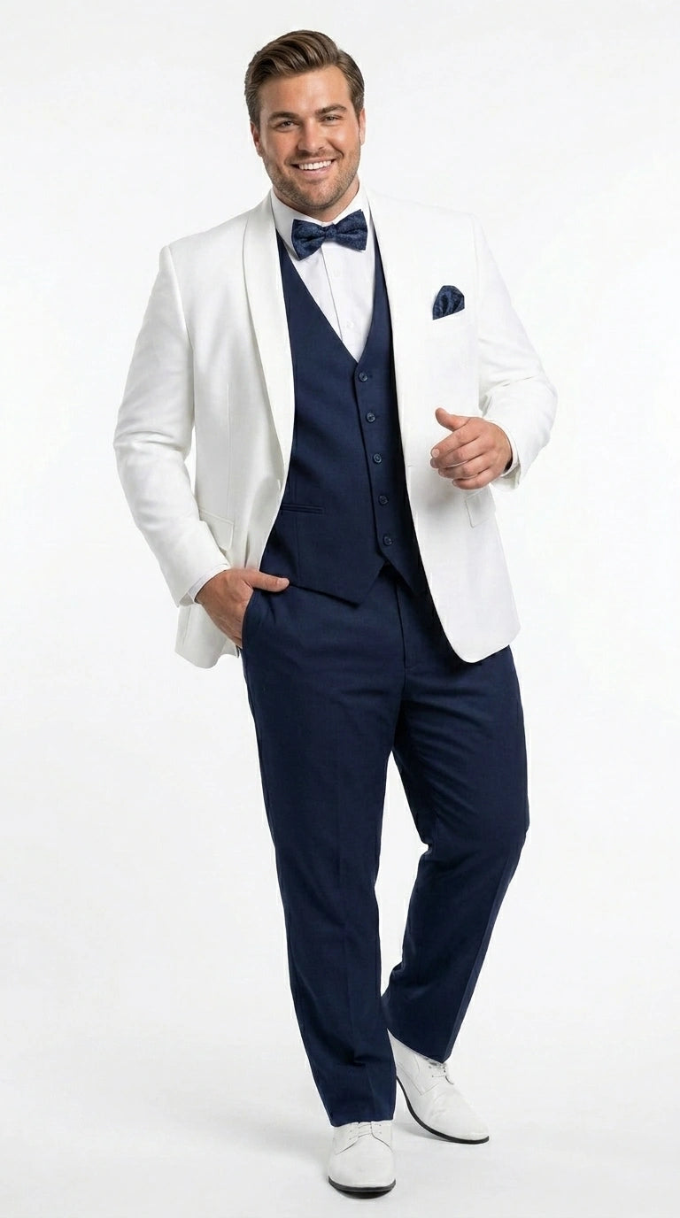 Men’s White and Navy blue tuxedo  3 Piece Suit – Classic White Blazer with Navy Vest and Pants for Wedding, Party + Bowtie - 34 Short or Extra Small