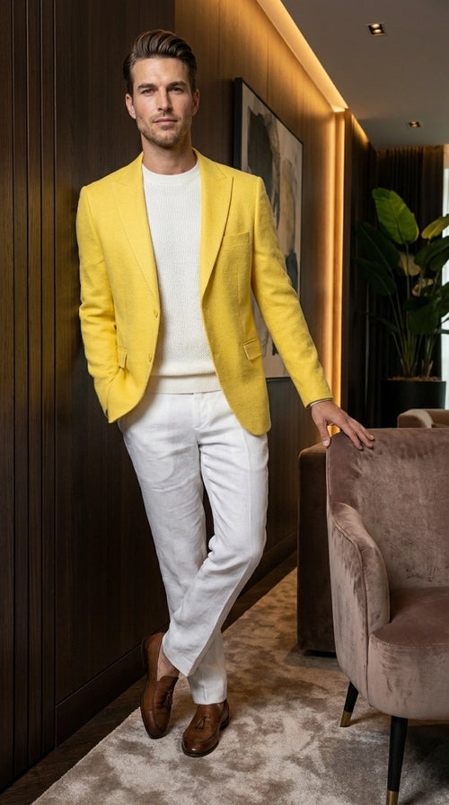 Zacci Brand Men’s Lemon Yellow Blazer Peak Lapel Hopsack Weave – Stylish Formal Blazer Jacket for Wedding, Party, Prom and Smart Casual Wear