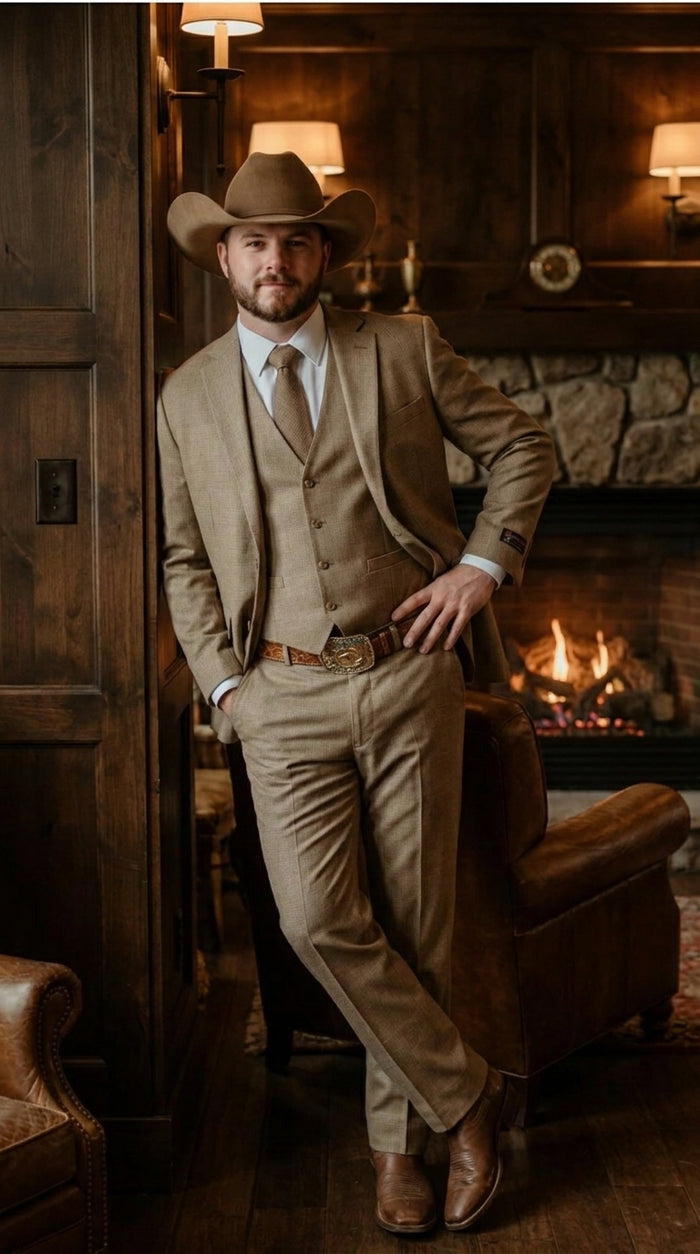 Mens Sharkskin Dark Taupe Tan with sheen Western 3 Piece Suit – Classic Country Style Blazer Vest Pants Set, Formal Cowboy Suit Outfit