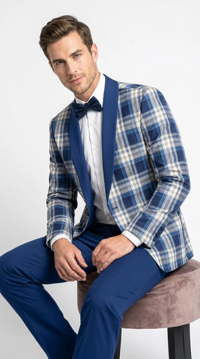 Men’s Tartan Blue Plaid and Solid Blue Tuxedo – Modern Check Pattern Formal Suit for New Year - Christmas - Holiday Jacket with Pants - 34 Short or Extra Small