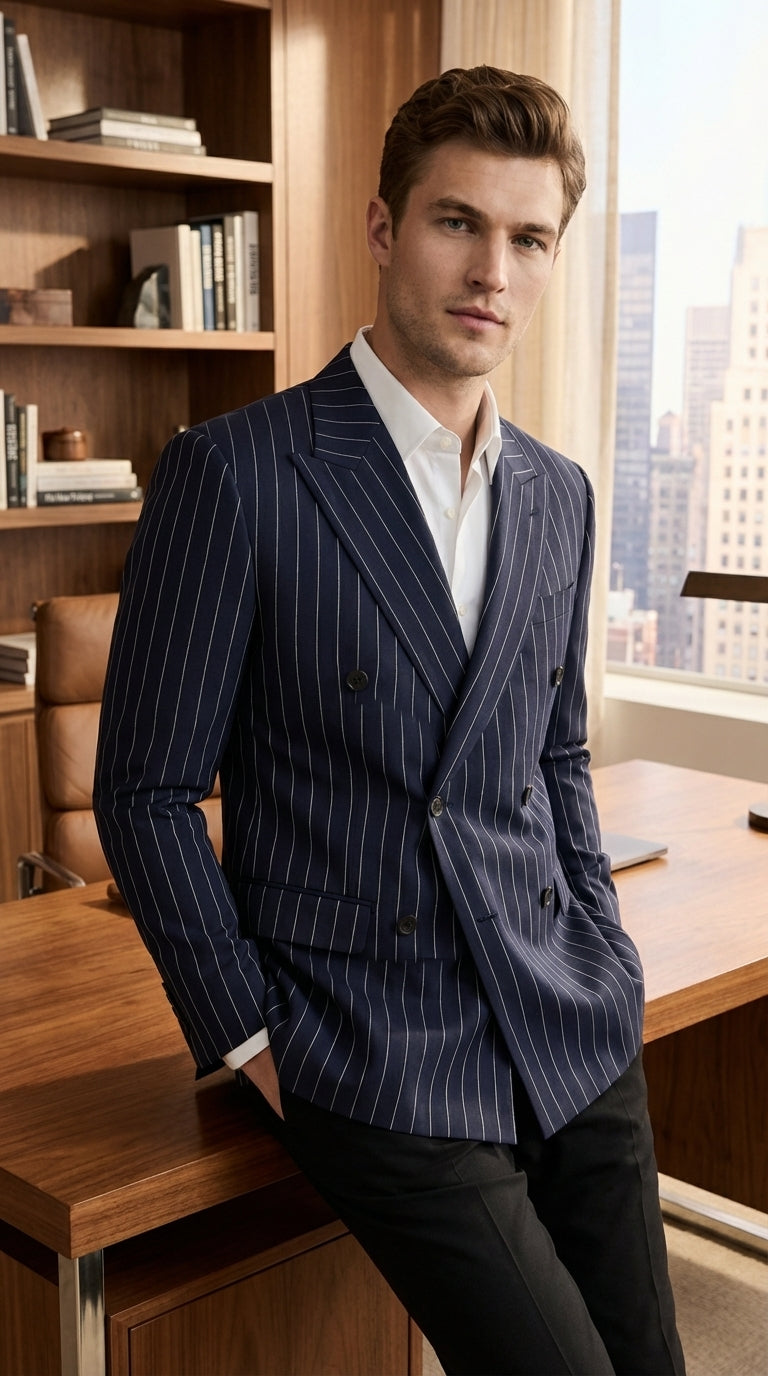 Mens Navy Blue Pinstripe Double Breasted Blazer Sport Coat – Classic Formal Business Jacket for Party and Smart Casual Wear - 36 Short