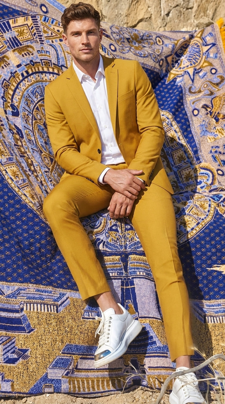 Men’s Gold Mustard Color Suit – Wedding & Prom Formal Suit Outfit, Modern Blazer and Pants - 34 Short or Extra Small