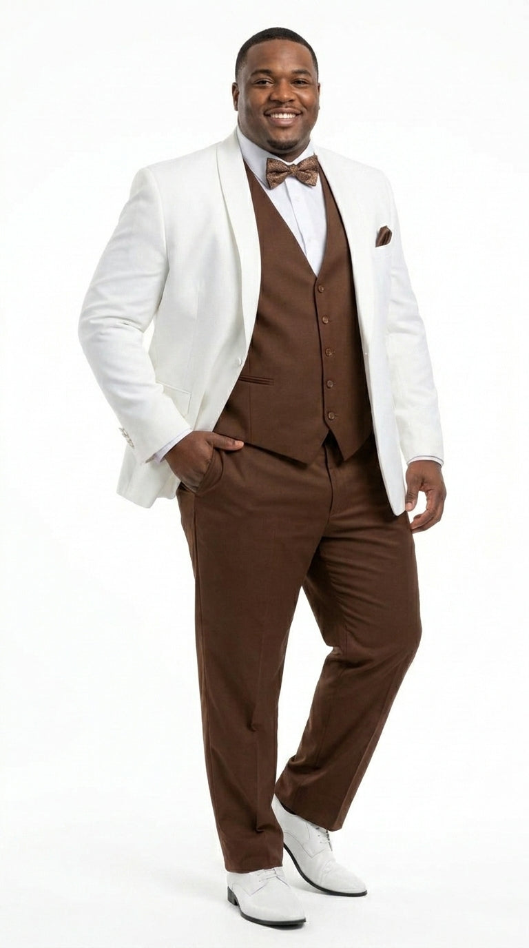 Men’s Ivory and Brown 3 Piece Suit – Elegant White Blazer with Brown Vest and Trousers for Wedding, Prom and Formal Events in off White Cream + Bowtie - 34 Short or Extra Small
