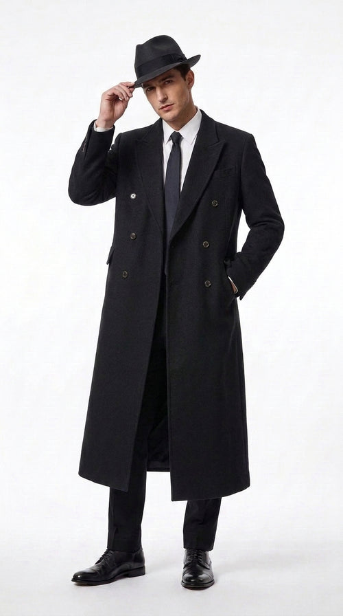 Men’s Godfather Black Double-Breasted Long Overcoat – Vintage Mobster Gangster Coat