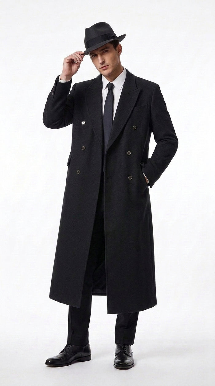 Men’s Godfather Black Double-Breasted Long Overcoat – Vintage Mobster Gangster Coat