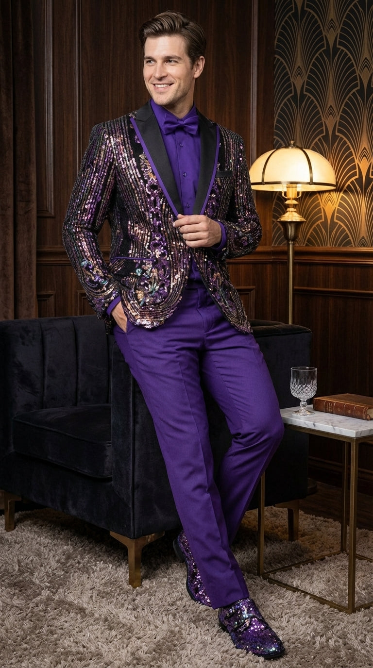 Mens Mardi Gra Black and Purple and Gold Sequin Tuxedo Jacket Set – Designer with Floral Pattern Jacket Formal Wedding Party Wear Bowtie - 36 Short
