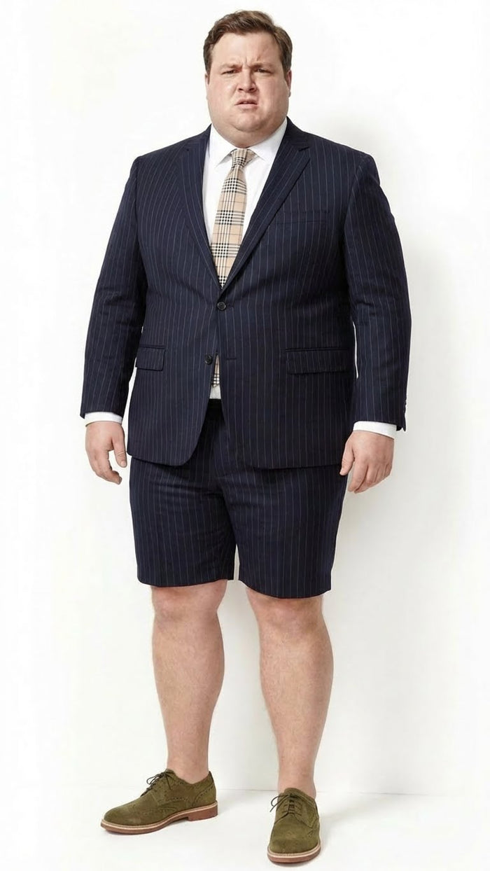 Mens Dark Navy Blue Pinstripe or Black Pinstripe  Summer Business Suit with Shorts Pants Set Sport Coat Style Formal and Casual Outfit