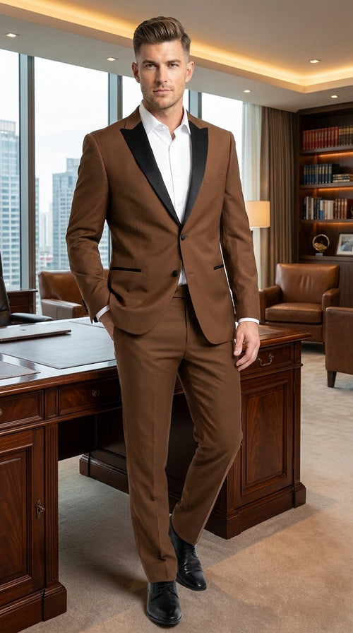 Men’s Light Brown Vested Piece Suit – Elegant Formal Suit with Contrast Lapel for Wedding, Party