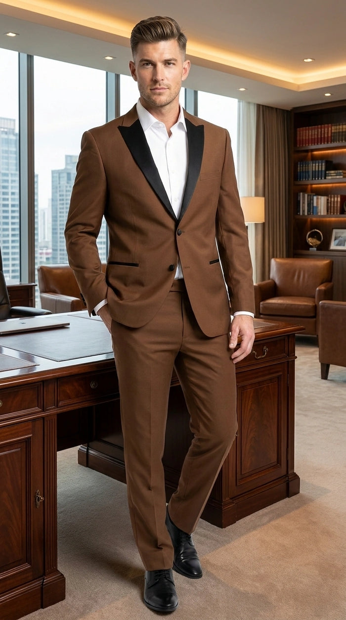 Men’s Light Brown Vested Piece Suit – Elegant Formal Suit with Contrast Lapel for Wedding, Party