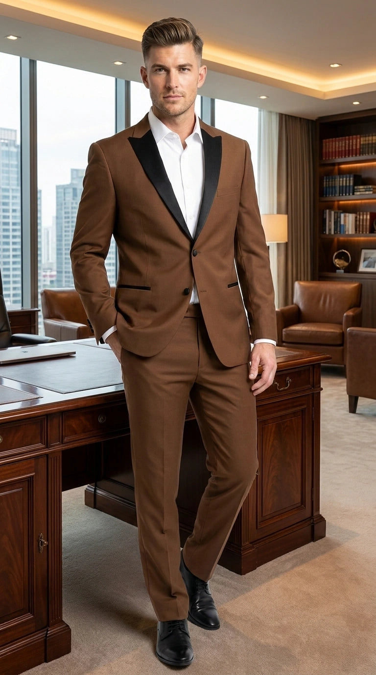 Men’s Light Brown Vested Piece Suit – Elegant Formal Suit with Contrast Lapel for Wedding, Party - 34 Short or Extra Small