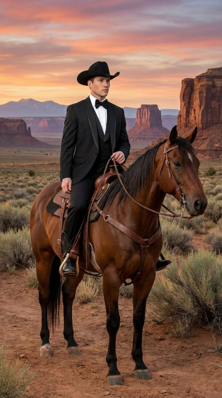 Black Western Tuxedo for Men | Classic Three Piece Formal Wedding Peak Lapel with Trim Collar Cowboy Suit - 34 Short or Extra Small