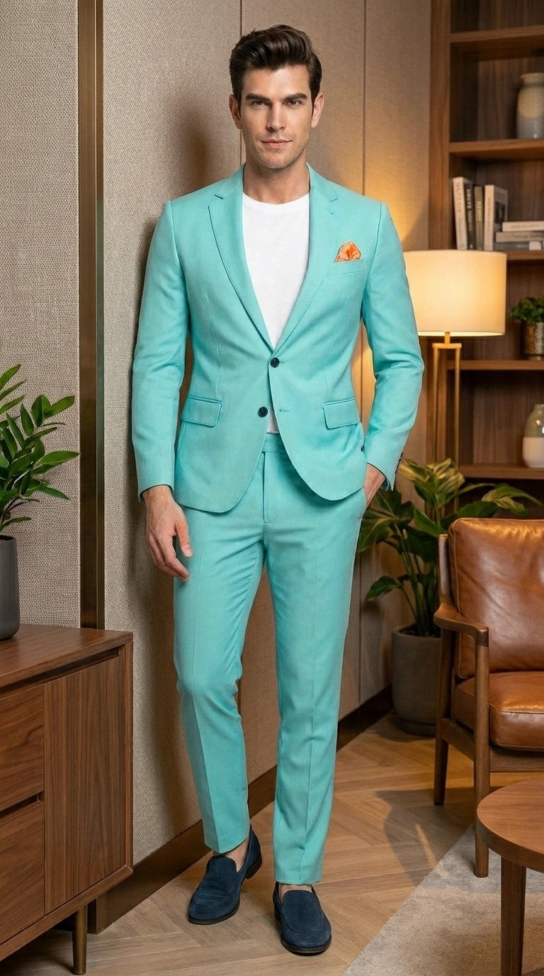 Men’s Turquoise 2 Piece Suit with Jacket and Pants, Formal Wedding Suit for Prom, Parties, Summer Events, and Special Occasions - 34 Short or Extra Small