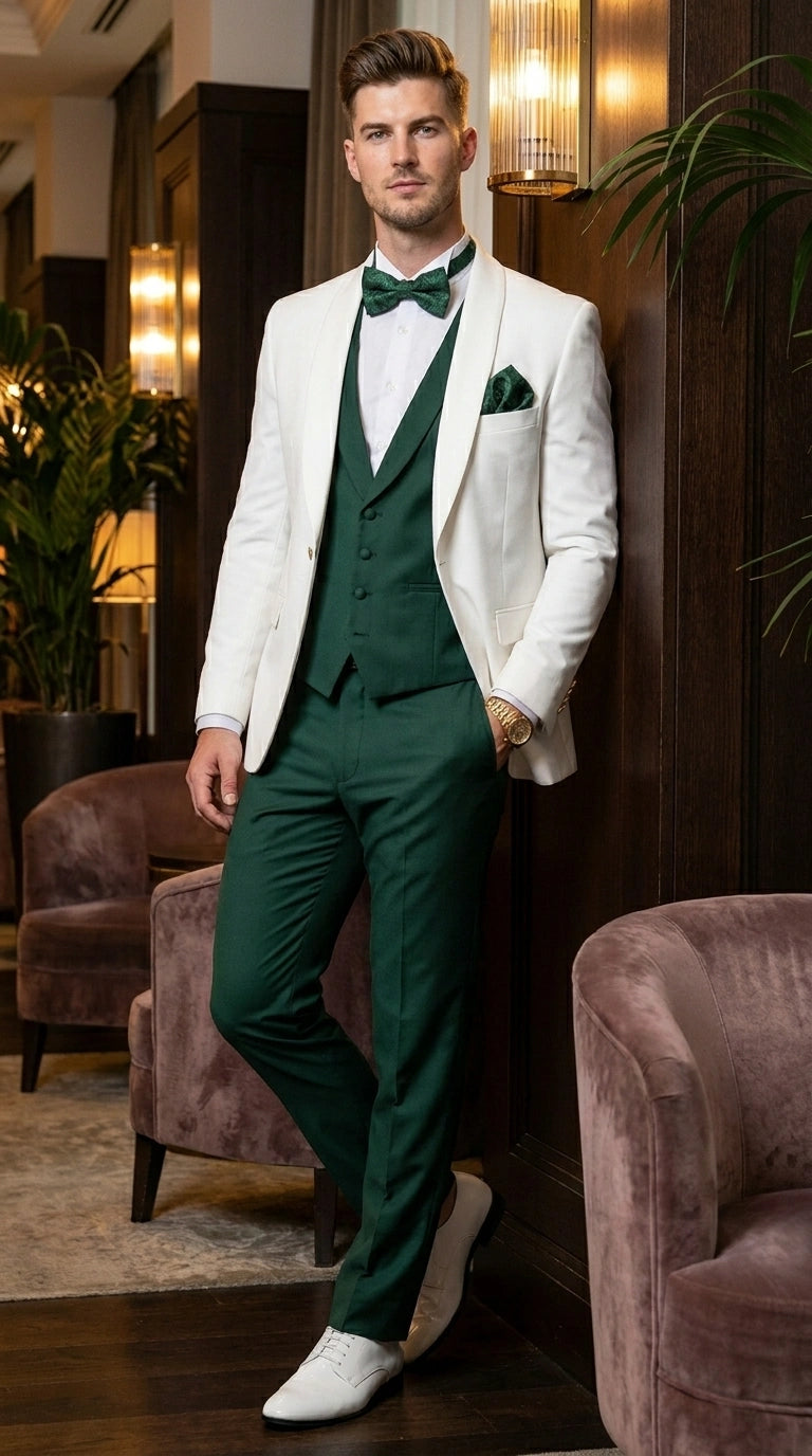 Men’s White and Hunter Green 3 Piece Suit – Elegant Formal Suit with Vest, Wedding Tuxedo Suit for Prom and Party Wear - 34 Short or Extra Small