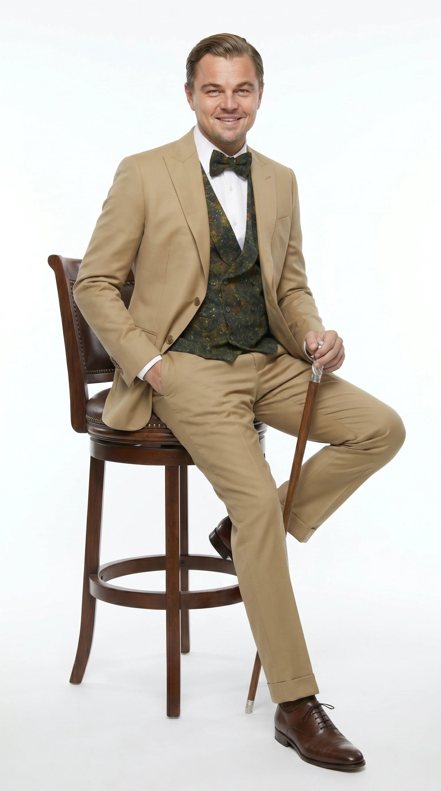 Men’s Khaki 3 Piece Suit with Patterned Vest, Great Gatsby Inspired Formal Suit for Weddings, Mardi Gra in Tan Camel Color - 34 Short or Extra Small
