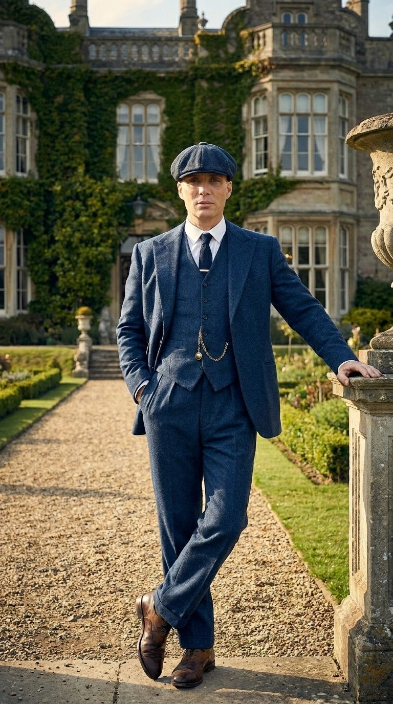 Men’s Blue 3 Piece Suit, Thomas Shelby Inspired Vintage Formal Suit Herringbone Tweed 1920s fabric - 34 Short or Extra Small