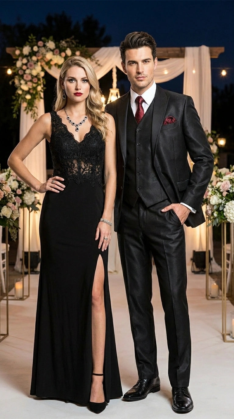 Men’s Black Shiny 3 Piece Tuxedo Groom Suit, Formal Vest Suit for Weddings, Prom, Black Tie Events, Black Lapel - 34 Short or Extra Small