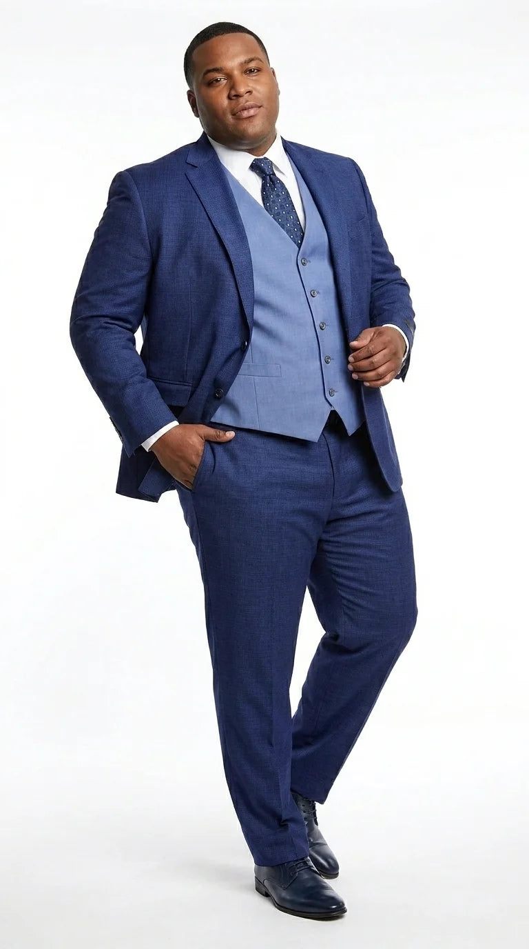 Vitali Men’s Navy Blue 3 Piece Suit with Light Blue Vest, Textured Formal Dress Suit for Weddings, Prom, Business Events, and Parties - 34 Short or Extra Small