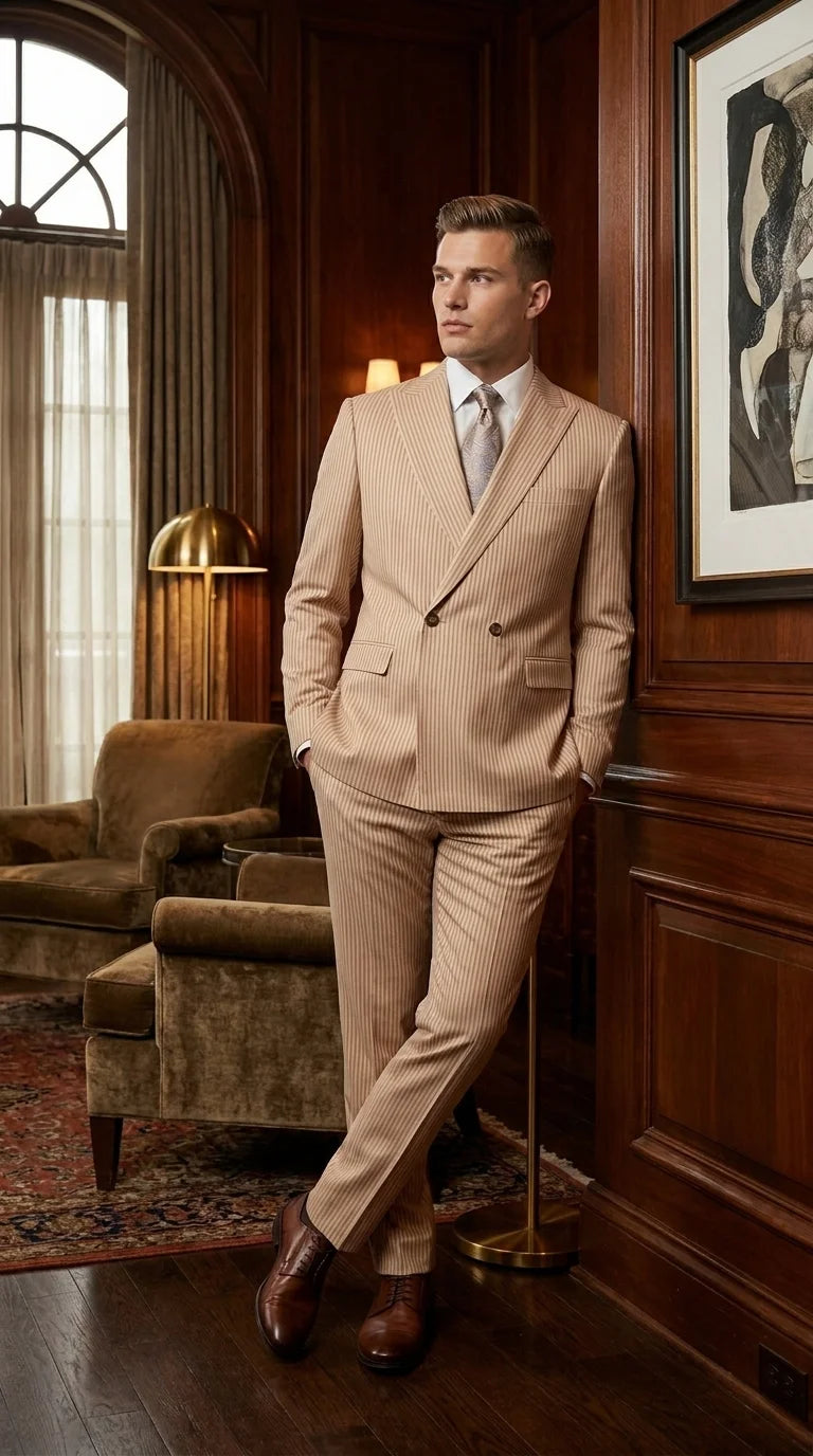 Vitali Men’s Tone on Tone Beige Pinstripe 2 Piece Suit, Double Breasted Summer Dress Suit for Weddings, Tan Beige Shadow Pinstripe - 34 Short or Extra Small