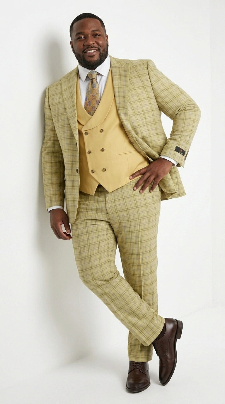 Vitali Men’s Sage Beige Tan Plaid 3 Piece Suit, Check Pattern Formal Dress Suit for Weddings, Prom, Business Events, Modern Fit Light Yellow Color - 34 Short or Extra Small