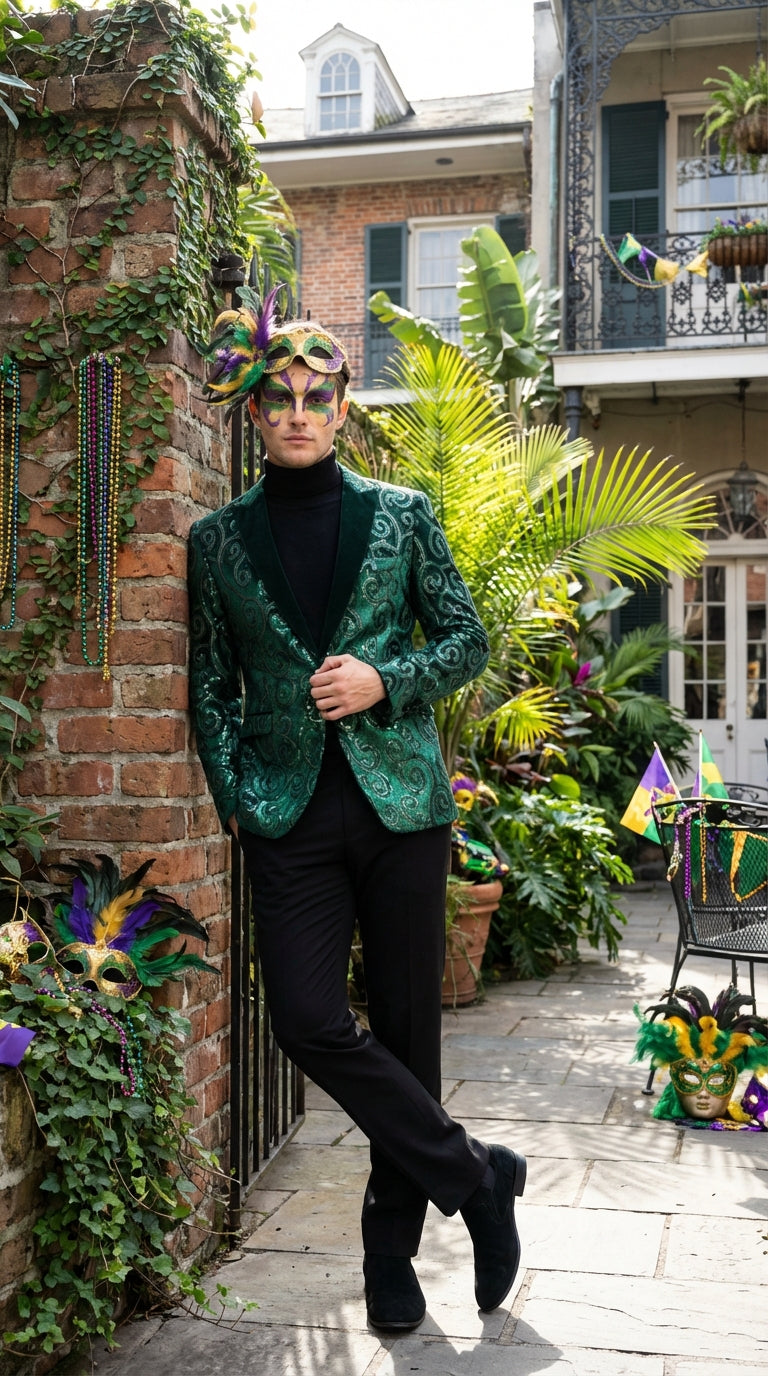 Mens Emerald Green Mardi Gras Blazer with Black Satin Lapel Paisley Swirl Pattern Formal Party Jacket