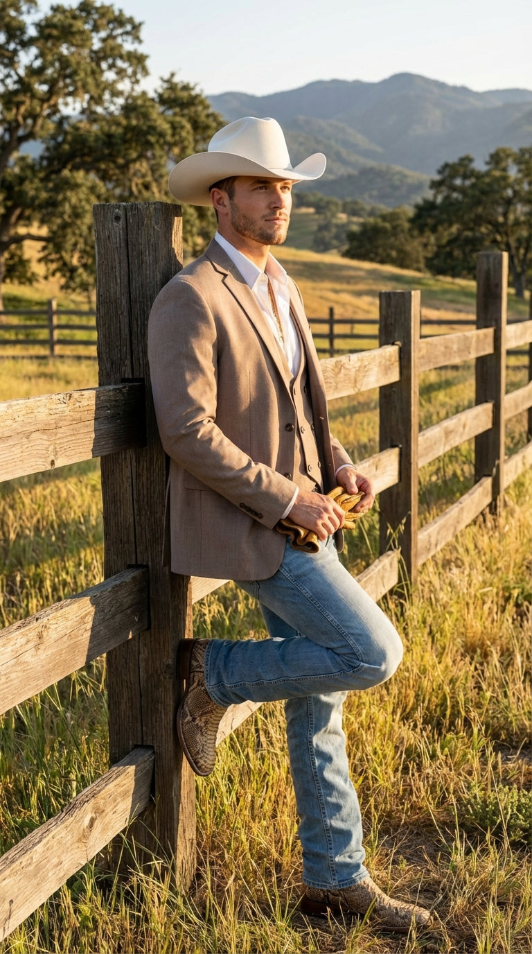 Mens Beige Cowboy Blazer with Double breasted Vest – Western Two Piece Suit Pants included