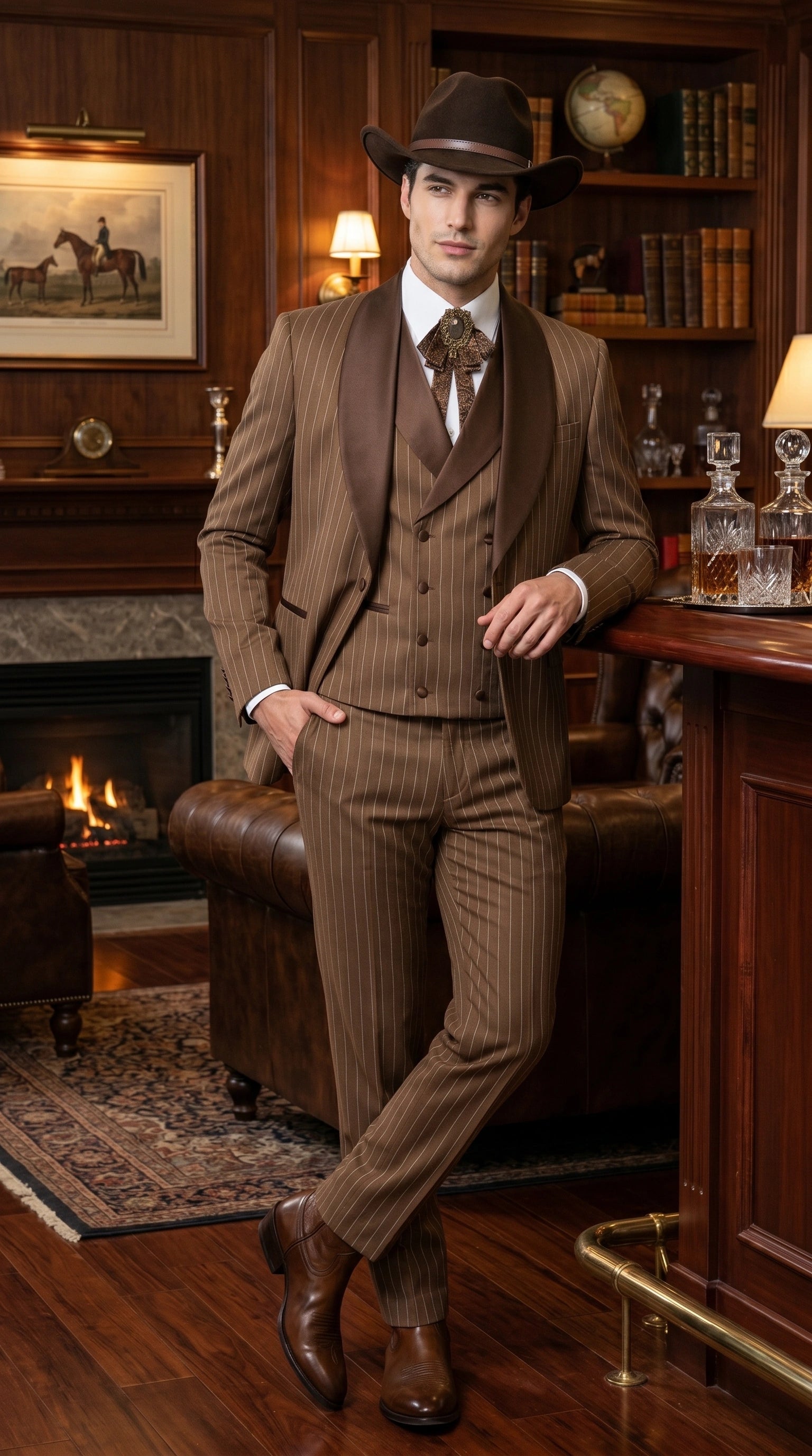 Men’s Brown Pinstripe Western Cowboy Tuxedo, Contrast Shawl Lapel Formal Suit for Weddings, Prom, Parties, and Special Occasions - 34 Short or Extra Small