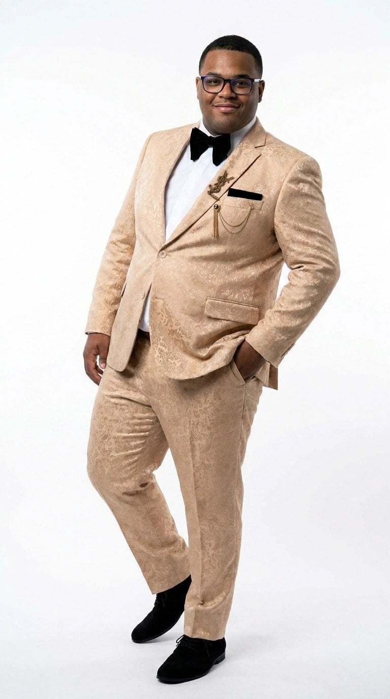 Men’s Champagne Gold Paisley Prom Tuxedo, Formal Dinner Suit for Prom, Weddings, Parties in Tan Color - 34 Short or Extra Small