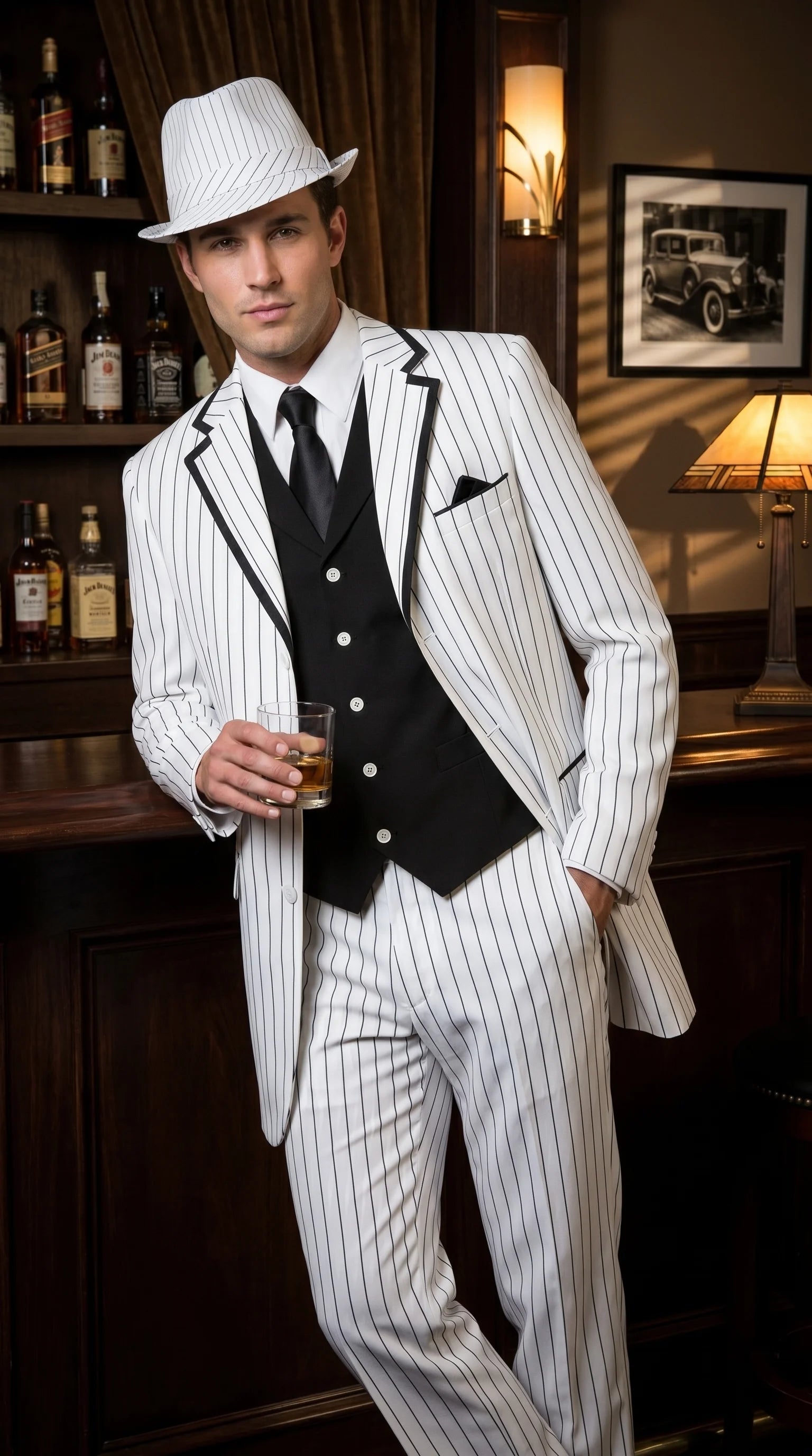 Men’s White Pinstripe 1920s Gangster 3 Piece Suit, Black Contrast Formal Costume Suit for Parties, Prom, Weddings, and Theme Events - 34 Short or Extra Small