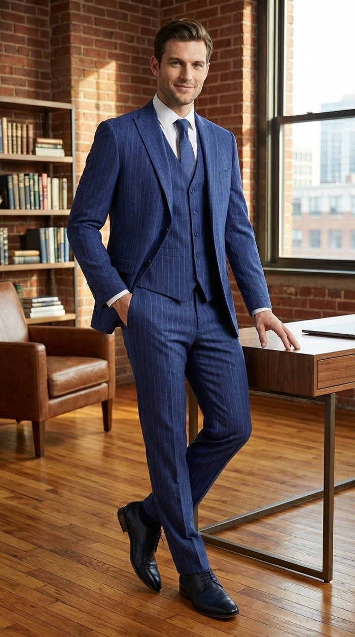 Men’s Cobalt Blue 3 Piece Suit – Indigo Light Blue Pinstripe Formal Suit with Vest for Wedding, Business Modern Fit Two buttons