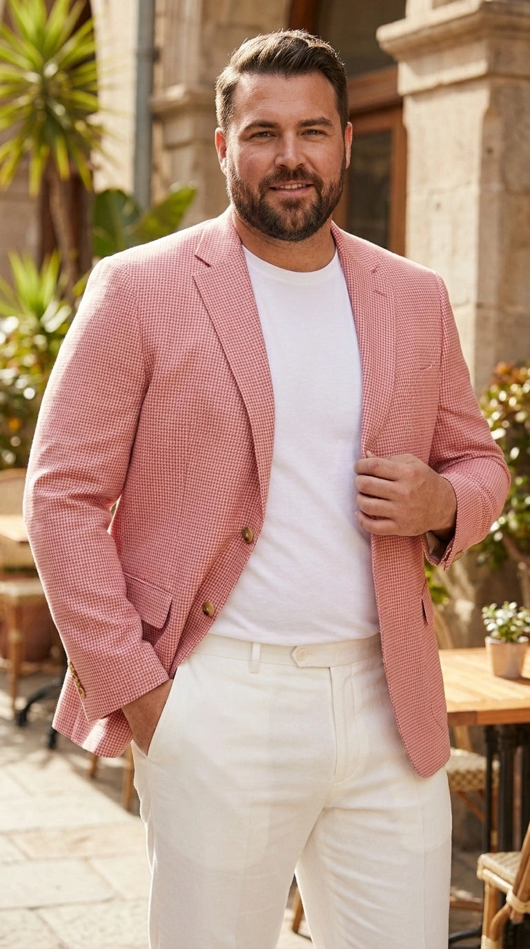 Men’s Red and white Houndstooth Summer Blazer, Lightweight Check Sport Coat for Weddings, Prom, Parties - 36 Short