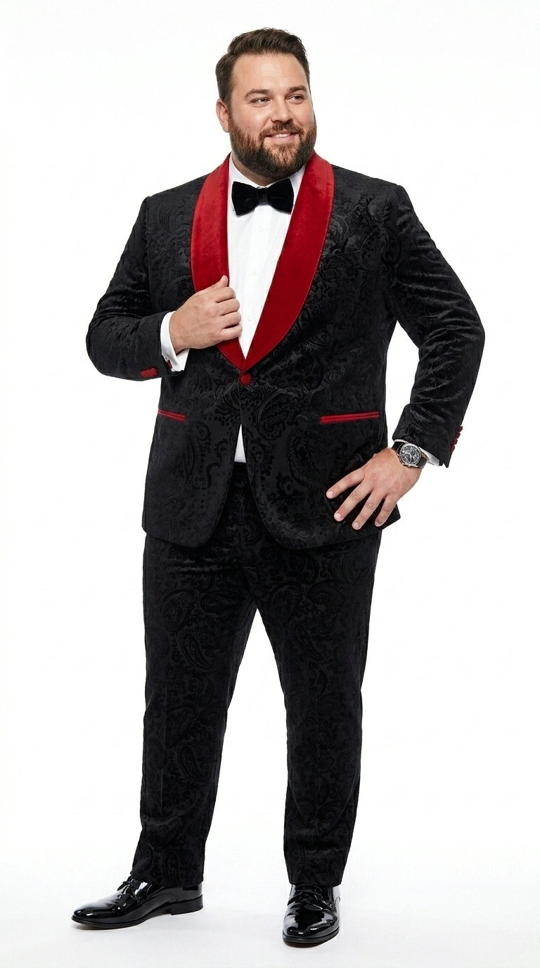 Men’s Black Paisley 2 Piece Suit with Red Shawl Lapel, Formal Wedding Prom Party Suit Set - 34 Short or Extra Small